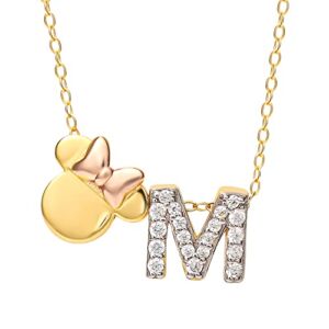 Disney Minnie Mouse Gold Plated Letter M Cubic Zirconia Initial Pendant Necklace, Gold Over Sterling Silver, 18″
