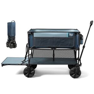 TIMBER RIDGE Folding Double Decker Wagon, Heavy Duty Collapsible Wagon Cart with 54″ Lower Decker, All-Terrain Big Wheels for Camping, Fishing, Shopping, Garden, and Beach, Support Up to 225lbs, Blue