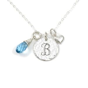 AJ’s Collection Keep It Simple- Personalized Sterling Silver Initial Monogram and Heart Charm Necklace with Swarovski® Birthstone Briolette. Chic Gifts for Her, Wife, Girlfriend, and More