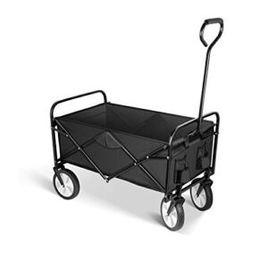 YSSOA Folding Garden Cart PRO, Collapsible Wagon with 360 Degree Swivel Wheels & Adjustable Handle, Black, 220lbs Weight Capacity
