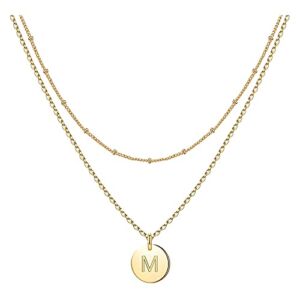 Gold Initial Necklaces for Women,14K Gold Filled Double Side Engraved Hammered Gold Coin Necklaces for Women Initial Necklace Layered Initial Necklaces for Women Teen Girl Jewelry (M)