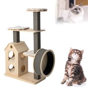 ZZAMG 2 in 1 Solid Wood Cat Climbing Frame, Integrated Large Cat Climbing Tower with Cat Treadmill, Multi-Level Cat House for Pet Indoor Exercise, Rest