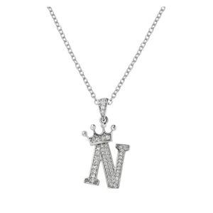 Rose Gold Jewelry for Women Crown 26 English Letters Full Diamond Pendant Necklace for Women Silver Crown Rhinestone Necklaces A Z 26 Alphabet Initial Necklaces for Teen Girls (N, One Size)