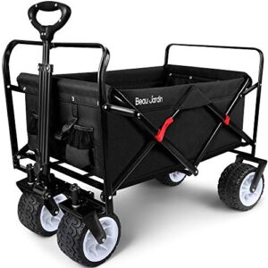 BEAU JARDIN Folding Beach Wagon Cart 300 Pound Capacity Collapsible Utility Camping Grocery Canvas Portable Rolling Outdoor Garden Sports Heavy Duty Shopping Wide All Terrain Wheel Black BG219