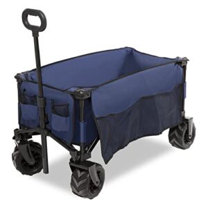 Usinso Folding Wagon Cart, Outdoor Utility Wagon Heavy Duty Foldable Cart with Adjustable Handle & Side Bags Big Wheels for Sand Beach, Garden, Camping, Navy