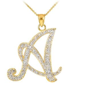 14k Yellow Gold Diamond Script Initial Letter A Pendant Necklace, 20″