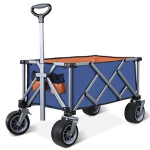 DOURARY Folding Wagon Cart with All-Terrain Big Wheels Brakes, Large Carrying Capacity Cart, Adjustable Handle Sturdy Portable Foldable Wagon(Blue with Orange)