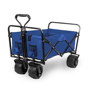 Beach Wagon Cart Collapsible with Big Wheels for Sand, Heavy Duty Foldable All Terrain Wagons, Grocery Carts Blue, Larger Capacity Folding Adjustable Handle Garden Cart for Outdoor, Camping