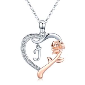 JUSTKIDSTOY Christmas Gifts for Women Initial J Necklace Love Heart Letter Necklace with Rose Gold Rose Flower Pendant Jewelry