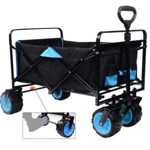 All Terrain Collapsible Wagon Cart with Big Wheels, 350 Pound Capacity Heavy Duty Enlarged Utility Folding Beach Garden Wagon Cart with Brake & Adjustable Handle for Outdoor Camping Shopping