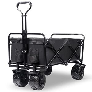 Heavy Duty 220 Lbs Capacity Collapsible Wagon, Outdoor Folding Camping Wagons, Grocery Portable Utility Cart, Adjustable Rolling Carts, All Terrain Sports Wagon with Big Wheels, Beach Wagon (Black)
