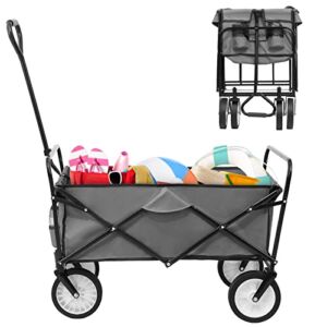Arlopu Collapsible Folding Wagon Cart, Outdoor Park Utility Garden Wagon with 2 Cup Holders, Heavy Duty Portable Picnic Camping Cart for Shopping, Sport, Beach, Camping, Grocery, 150 LBS (Grey)