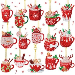 15 Pieces Christmas Diamond Painting Keychain Diamond Painting Ornaments 5D DIY Diamond Painting Keychain Hot Cocoa Christmas Diamond Art Ornaments for Kids Christmas DIY Crafts Family Decor (Cute)