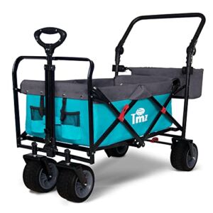 TMZ All Terrain Utility Folding Wagon, Collapsible Garden Cart, Heavy Duty Beach Wagon, for Shopping, Camping, and Outdoor Activities with Push Handle and Brakes (Turquoise/Grey)