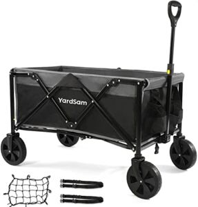 Yardsam Collapsible Folding Utility Wagon Cart Outdoor, Heavy Duty Garden Cart with All Terrain Wheels, Large Capacity Foldable Beach Wagon Cart for Camping Shopping, w/ Cargo Net/Straps, Black