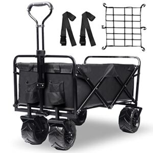 Collapsible Wagon Cart with Cargo Net and Straps, Heavy Duty Foldable Wagon with All-Terrain Universal Wheels, Utility Grocery Garden Beach Wagon Cart for Outdoor, Shopping, Camping (Black)