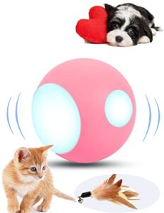 Gynthias Interactive Cat Toys Ball Rolling Dog Toys for Small DogsBall Rechargeable Automatic Moving Peppy Pet Ball with Led Lights Feather & Bell Pink Kitten Toy