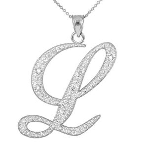14K White Gold Diamond Accented Dangling Cursive Initial L Charm 4/5″ Pendant Necklace, 16′