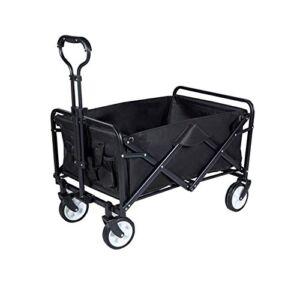 Collapsible Folding Wagon Cart with Wheels, Picnic Camping Cart Garden Beach Shopping Cart Wagon Outdoor Utility Wagon with Adjustable Handle for Park Beach Garden (Black)