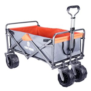 Collapsible Folding Utility Wagons Carts Heavy Duty Foldable Large Capacity 330lbs Beach Wagon with All-Terrain Big Wheels for Outdoor Camping Shopping Sports Garden (Gray-Orange)