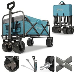 Sekey Collapsible Folding Wagon with Big All-Terrain Beach Wheels, Heavy Duty Foldable Utility Garden Cart with 220lb Weight Capacity and Drink Holders.Light Blue