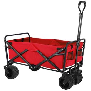 Heavy Duty Collapsible Outdoor Utility Wagon Cart with All-Terrain Wheels, Adjustable Handle and 2 Cup Pockets, Camping, Beach, Sports, Shopping, Red
