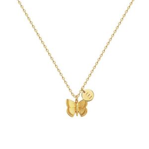 Initial Butterfly Pendant Necklace,Women 14k Gold Plated Handmade Dainty Butterfly Necklace with Initial Round Disk Pendant E