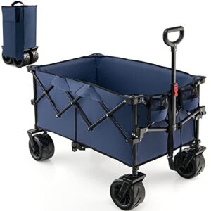 Giantex Folding Wagon Cart, Collapsible Beach Wagon with All Terrain Universal Wheels, Telescoping Handle, Heavy Duty Steel Frame, Cup Holders, Cover Bag, Outdoor Utility Garden Cart (Navy)