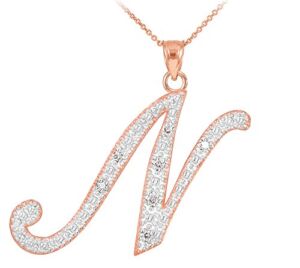 14K Rose Gold Diamond Accented Dangling Cursive Initial N Charm 4/5″ Pendant Necklace, 16′