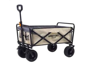 APRIVERT Collapsible Outdoor Utility Wagon Heavy Duty Folding Pull Carts，Garden Portable Hand Cart with All-Terrain Beach Wagon,Big Wheels,Adjustable Handle & Drink Holders,Beige