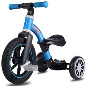 KRIDDO 3-in-1 Kids Tricycles for 2-3 Year Old, Toddler Balance Bike with Big Front Wheel, Convertible Trike and Bicycle for Boys Girls 18 month to 3 years, Removable Pedals for Push and Ride Fun, Blue