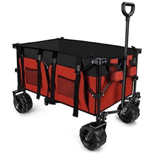 Folding Utility Wagon Cart Portable Heavy Duty Collapsible Large Capacity Beach Wagon with All-Terrain Wheels Red