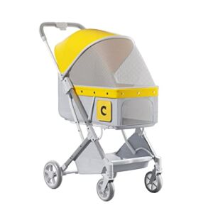 Small pet Carts are Lightweight to Fold The Dog pet Car, Fashionable Animal Hand Cart, Convenient for Travel Camping 4 Wheels, Comfortable Mesh Ventilation Windows Yellow
