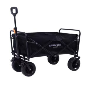 APRIVERT Collapsible Outdoor Utility Wagon Heavy Duty Folding Pull Carts， Garden Portable Hand Cart with All-Terrain Beach Wagon,Big Wheels,Adjustable Handle & Drink Holders,Black