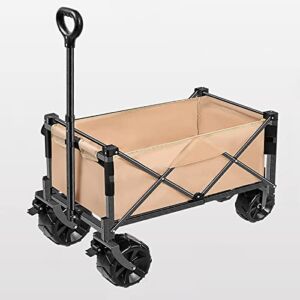 今亚 265 lbs Capacity Folding Wagon,Collapsible Heavy-Duty Utility Garden Folding Wagon Cart with Brakes All-Terrain Wheels,Adjustable Handle,for Outdoor,Camping,Khaki