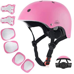 Kids Bike Helmet Set, CPSC Certified with Knee Pads Elbow Pads Wrist Guards,Adjustable Helmet for Ages 3-5-8-14 Toddler Kids&Youth,Bicycle Skateboarding Helmet Scooter Roller Skate (Pink)