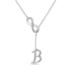 Diamond Infinity Lariat Necklace for Women in 925 Sterling Silver, Women’s Silver Alphabet Pendant Necklace with Diamond Accents Letter B, 20″ Cable Chain