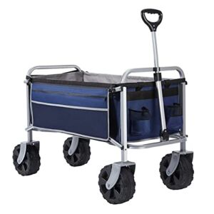 Kuznap All Terrain Wheels Collapsible Wagon, 225pound Capacity Heavy Duty Utility Folding Wagon, Portable Garden Beach Cart with Side Bags and Drink Holders