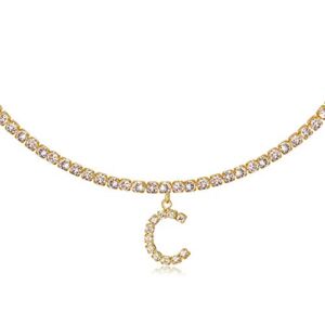 Letter C Necklaces for Women 14K Gold Plated Cubic Zirconia Initial Choker Tennis Chain Necklace