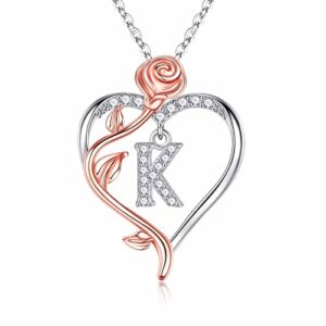 Necklace Gifts for Women Girls, 925 Sterling Silver Rose Love Heart Initial K Letter Pendant Necklace Jewelry Mothers Day Valentines Christmas Gifts for Her Mom Wife Girlfriend Anniversary Birthday