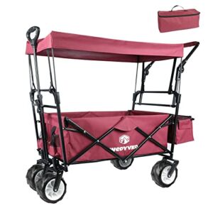 Collapsible Wagon Heavy Duty Extra Large Folding Cart with Removable Canopy, 3.9″ Wide Large Wheels, Brake, Adjustable Handles,Utility Carts for Outdoor Garden Beach Camping Grocery Shopping (Rosy)