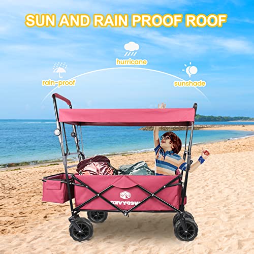 Collapsible Wagon Heavy Duty Extra Large Folding Cart with Removable Canopy, 3.9″ Wide Large Wheels, Brake, Adjustable Handles,Utility Carts for Outdoor Garden Beach Camping Grocery Shopping (Rosy) | The Storepaperoomates Retail Market - Fast Affordable Shopping