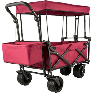 Iivos Collapsible Wagon Cart, Foldable Wagon Cart Removable Canopy 601D Oxford Cloth, Collapsible Wagon Oversized Wheels, Portable Folding Wagon Adjustable Handles for Beach, Garden, Sports, Red