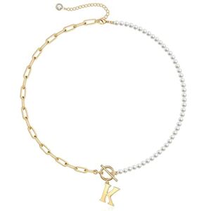 Letter Pearl Necklaces for Women Trendy, 14K Gold Plated Pearl Initial K Necklace Paperclip Chain Half Pearl Necklace Big Gold Initial Choker for Women Initial Pendant Necklaces Beaded Necklace for Women Gold Fashion Jewelry Gift Teen Girl Teenage