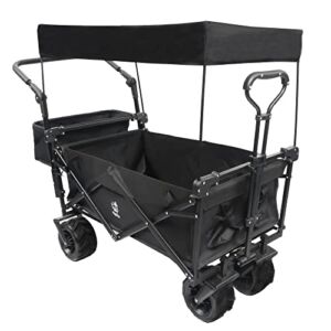 Collapsible Wagon Heavy Duty Folding Beach Wagon Cart with 4″ Wide Large All Terrain Wheels, Removable Canopy, Adjustable Handles, Outdoor Folding Utility Camping Garden Cart with Universal Wheels