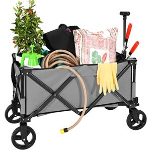 PA Collapsible Beach Wagon Grocery Wagon, Large Capacity Outdoor Foldable Garden Cart Push & Pull Wagon Cart for Gardening, Camping, Fishing, Laundry, Outdoor Sporting Event, Concerts activities, Grey