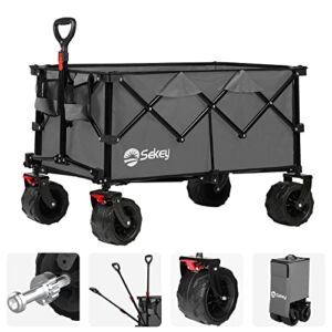 Sekey Collapsible Foldable Wagon with Big All-Terrain Beach Wheels, Heavy Duty Folding Utility Garden Cart with 220lbs Weight Capacity and Drink Holders. Grey