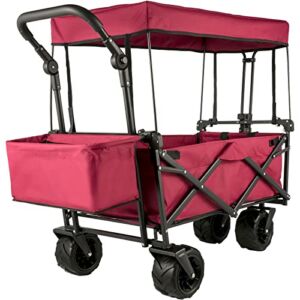 Happbuy Extra Large Collapsible Garden Cart with Removable Canopy, Folding Wagon Utility Carts with Wheels and Rear Storage, Wagon Cart for Garden, Camping, Grocery Cart, Shopping Cart, Red