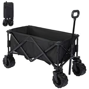 HUUHRIN Collapsible Wagon Cart, Heavy Duty Folding Utility Wagon Cart, Portable Large Capacity Beach Wagon with Universal Wheels, Adjustable Handle for Garden, Beach, Camping and Picnic (Black)
