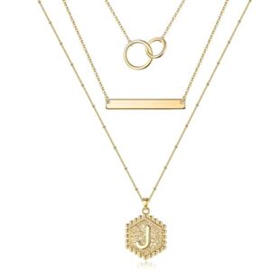 Layered Initial Necklaces for Women, Dainty Gold Necklace Letter J Initial Necklace Hexagon Bar Pendant Layering Necklace Gold Necklace for Women Trendy Jewelry Gifts Multi Layered Necklaces for Women